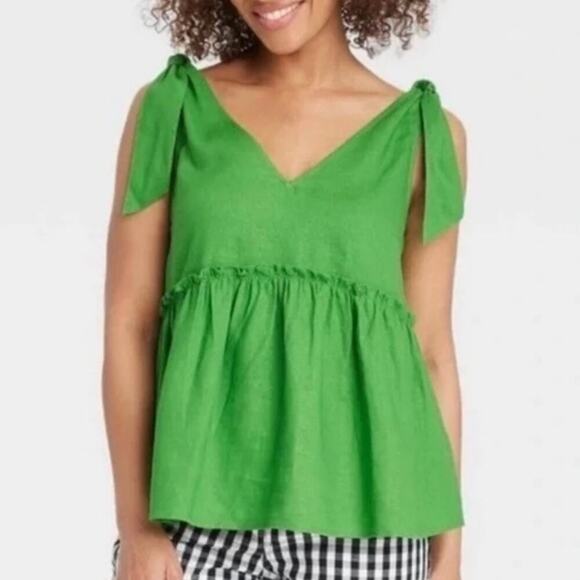 Who What Wear Women's Bright Green Linen Blend Tie Shoulder Top Size XS - Picture 1 of 7
